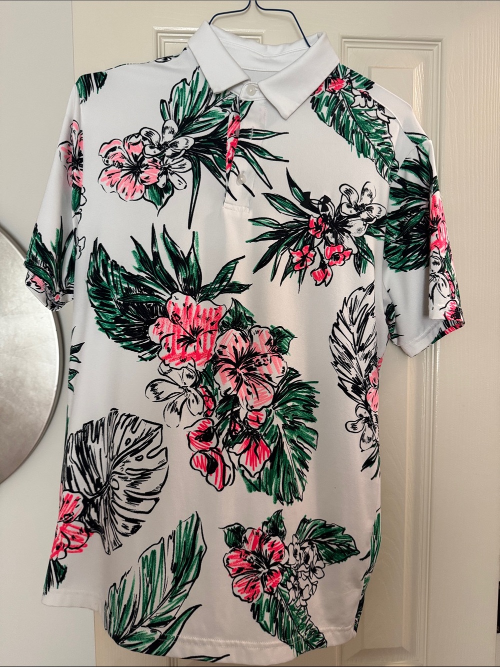 Under Armour White Polo with Pink Floral & Green Leaf Print